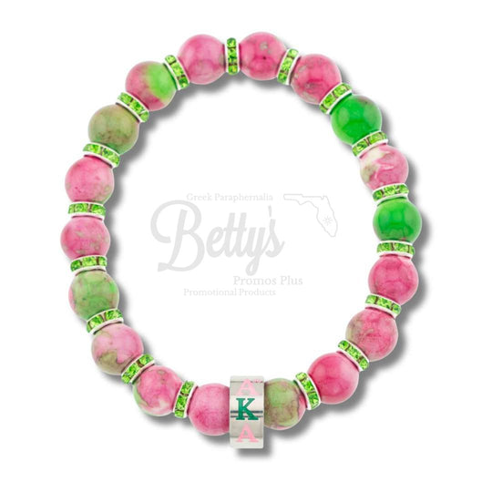 Alpha Kappa Alpha AKA Rhodonite Beaded Bracelet with Rhinestone SpacersPink & Green-Betty's Promos Plus Greek Paraphernalia