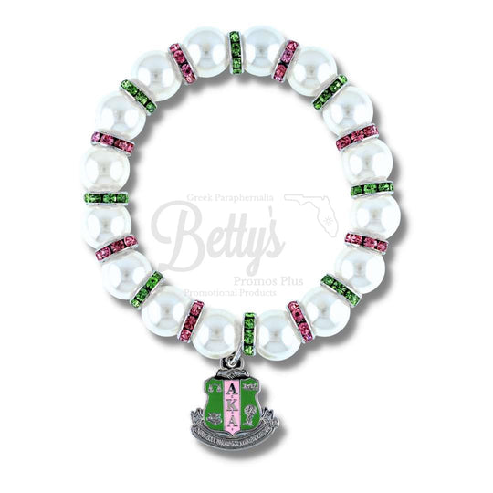 Alpha Kappa Alpha AKA Shield Pearl Bracelet with Rhinestone SpacersWhite-Betty's Promos Plus Greek Paraphernalia