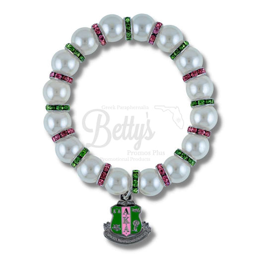 Alpha Kappa Alpha AKA Shield Pearl Bracelet with Rhinestone SpacersWhite-Betty's Promos Plus Greek Paraphernalia