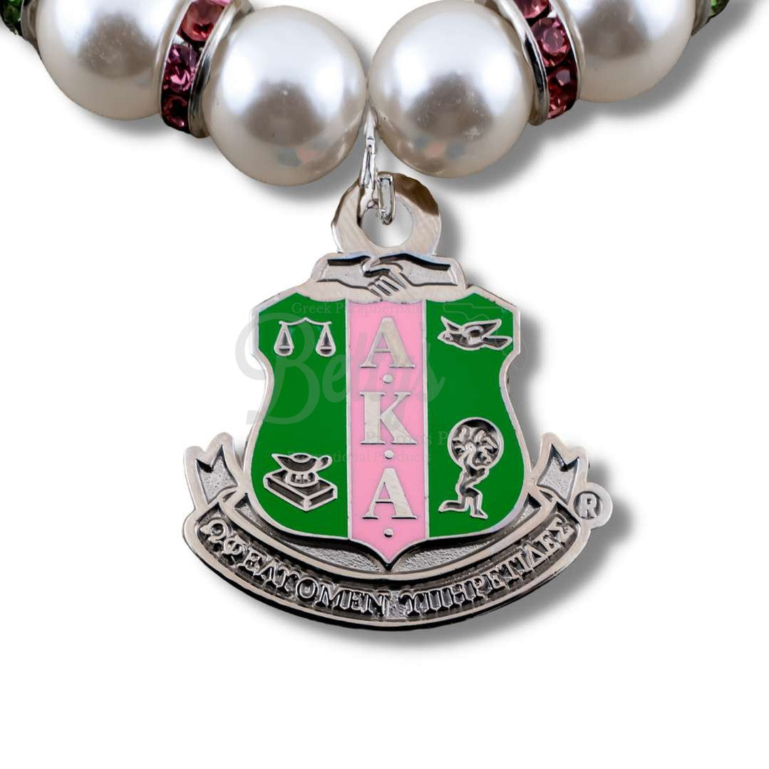 Alpha Kappa Alpha AKA Shield Pearl Necklace with Rhinestone SpacersWhite-Betty's Promos Plus Greek Paraphernalia