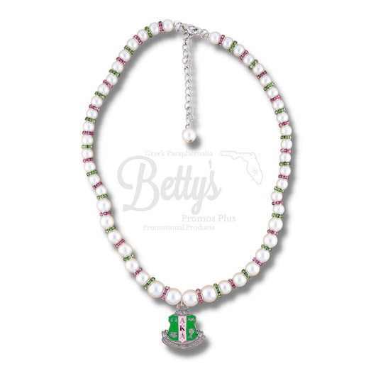 Alpha Kappa Alpha AKA Shield Pearl Necklace with Rhinestone SpacersWhite-Betty's Promos Plus Greek Paraphernalia