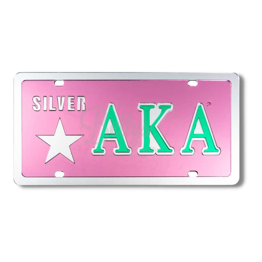 Alpha Kappa Alpha AKA Silver Star Acrylic Mirrored Laser Engraved Auto TagPink Background-Silver Trim-Betty's Promos Plus Greek Paraphernalia