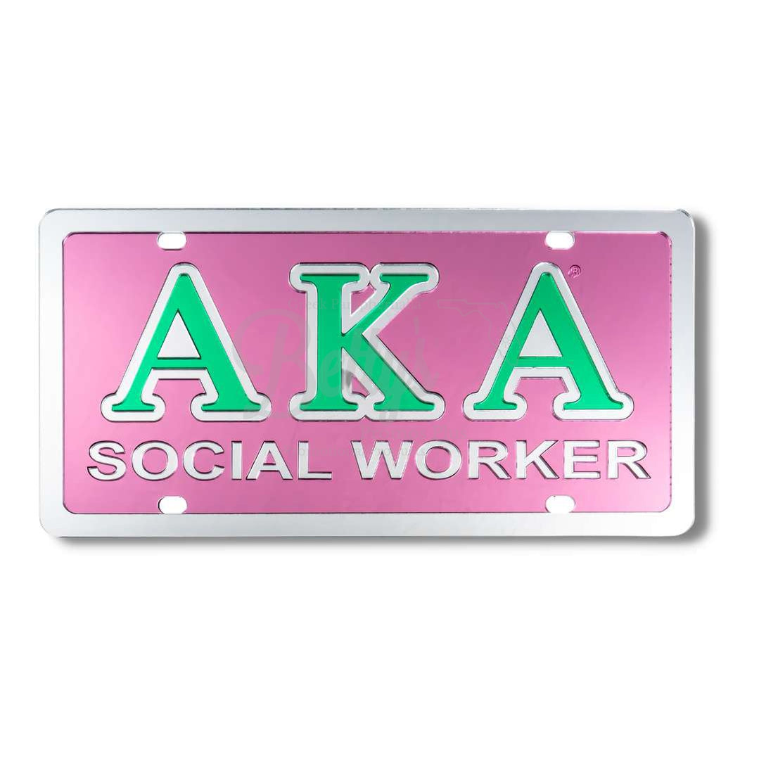 Alpha Kappa Alpha AKA Social Worker Acrylic Mirrored Laser Engraved Auto TagPink Background-Silver Trim-Betty's Promos Plus Greek Paraphernalia