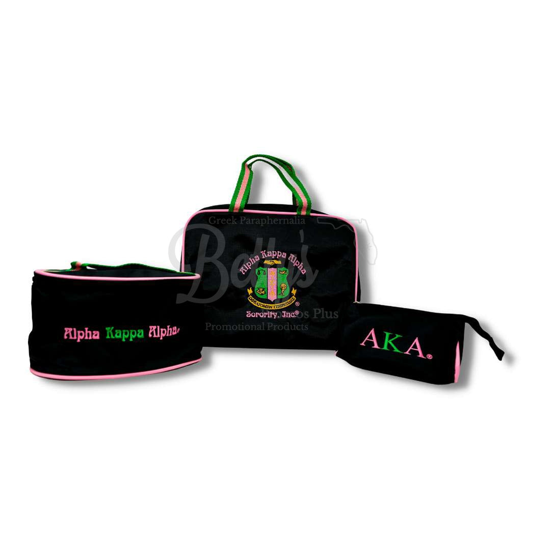 Alpha Kappa Alpha AKA Toiletry Bag Set of 3 Makeup Travel Kit Bathroom and Luggage OrganizerPink Trim-Betty's Promos Plus Greek Paraphernalia