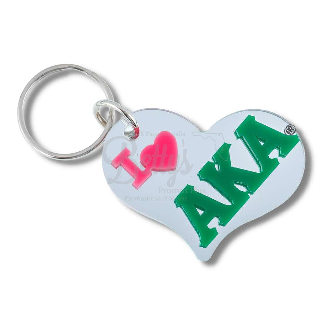 Alpha Kappa Alpha I Love AKA Heart-Shaped Acrylic Mirror KeychainSilver-Betty's Promos Plus Greek Paraphernalia