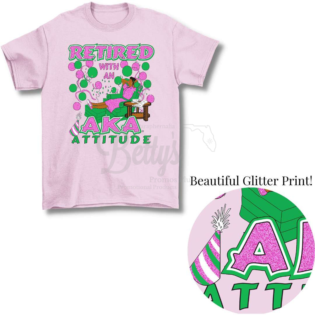 Alpha Kappa Alpha Retired with an AKA Attitude Screen Printed T-ShirtPink-Glitter Short Sleeve-Small-Betty's Promos Plus Greek Paraphernalia