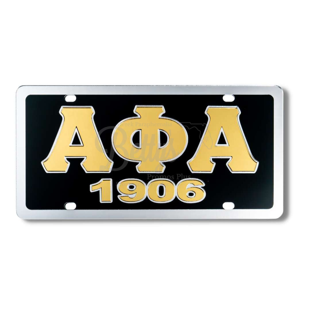 Alpha Phi Alpha ΑΦΑ 1906 Laser Engraved Mirrored Acrylic Auto Tag License PlateBlack Background-Silver Trim-Betty's Promos Plus Greek Paraphernalia