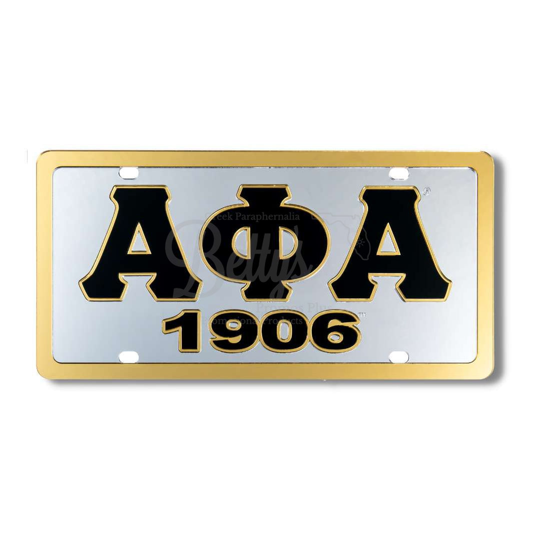 Alpha Phi Alpha ΑΦΑ 1906 Laser Engraved Mirrored Acrylic Auto Tag License PlateSilver Background-Gold Trim-Betty's Promos Plus Greek Paraphernalia