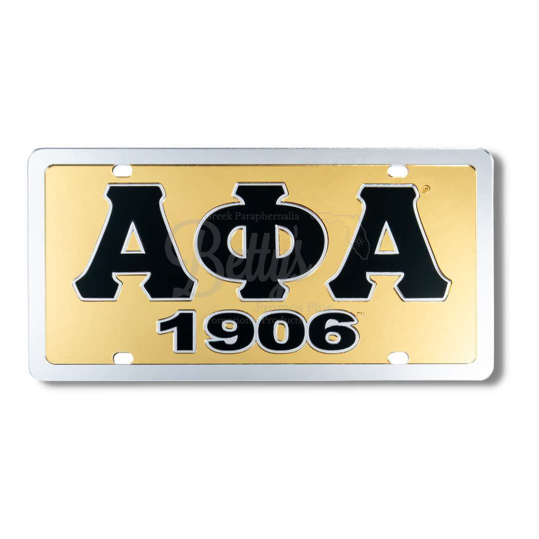 Alpha Phi Alpha ΑΦΑ 1906 Laser Engraved Mirrored Acrylic Auto Tag License PlateGold Background-Silver Trim-Betty's Promos Plus Greek Paraphernalia