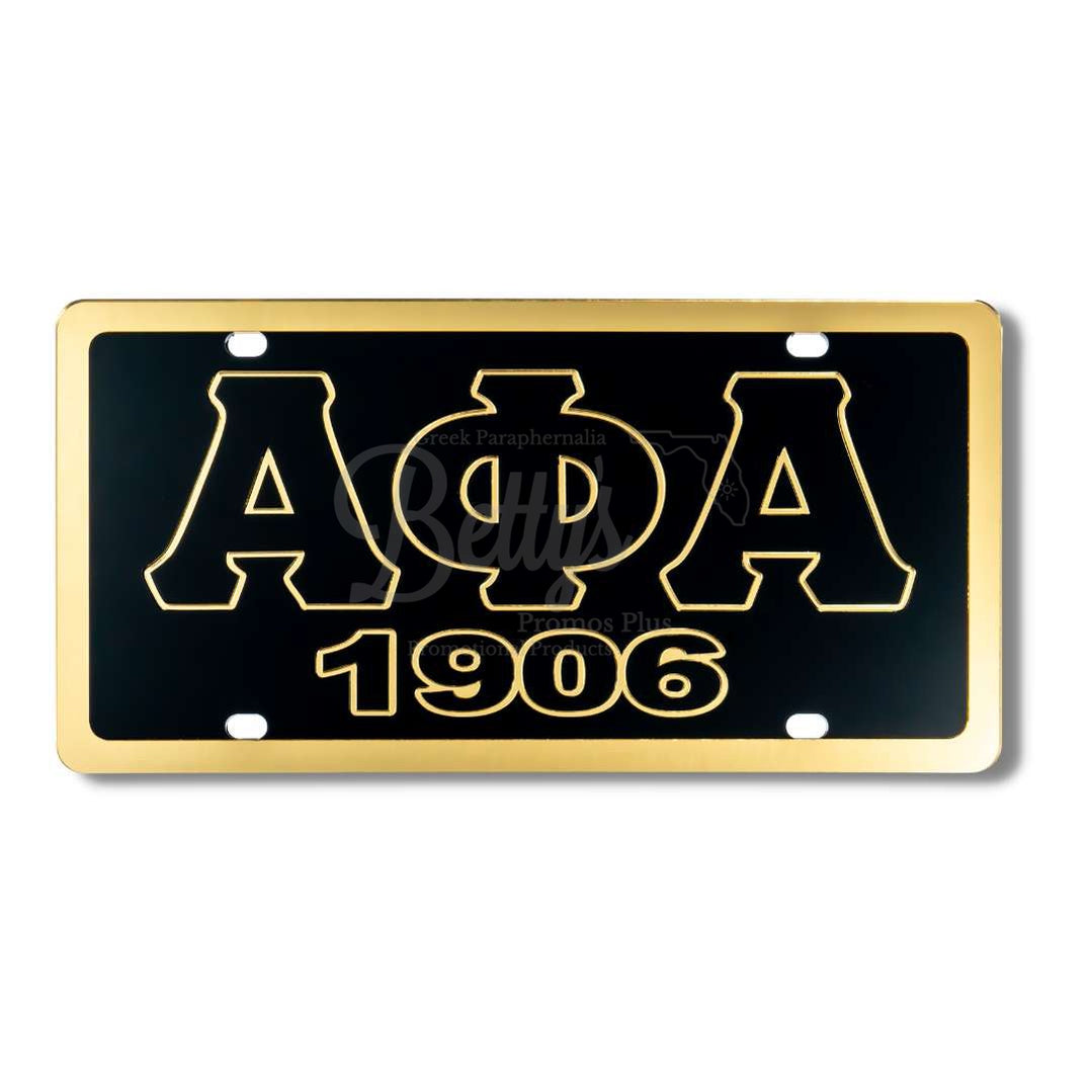 Alpha Phi Alpha ΑΦΑ 1906 Laser Engraved Mirrored Acrylic Auto Tag License PlateBlack Background-Gold Trim-Betty's Promos Plus Greek Paraphernalia