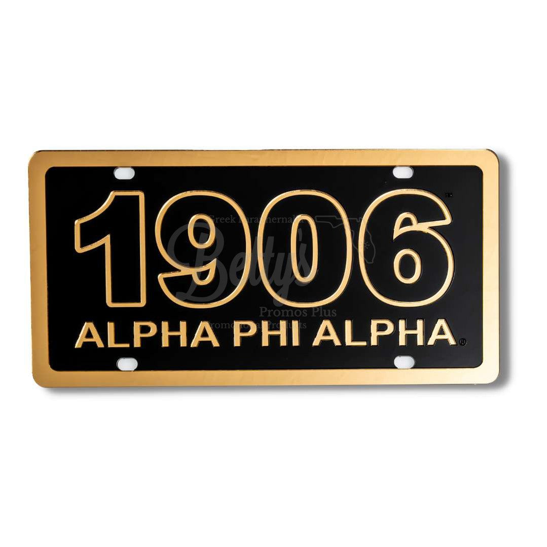 Alpha Phi Alpha ΑΦΑ 1906 with Alpha Phi Alpha Laser Engraved Mirrored Acrylic Auto Tag License PlateBlack Background-Gold Trim-Betty's Promos Plus Greek Paraphernalia