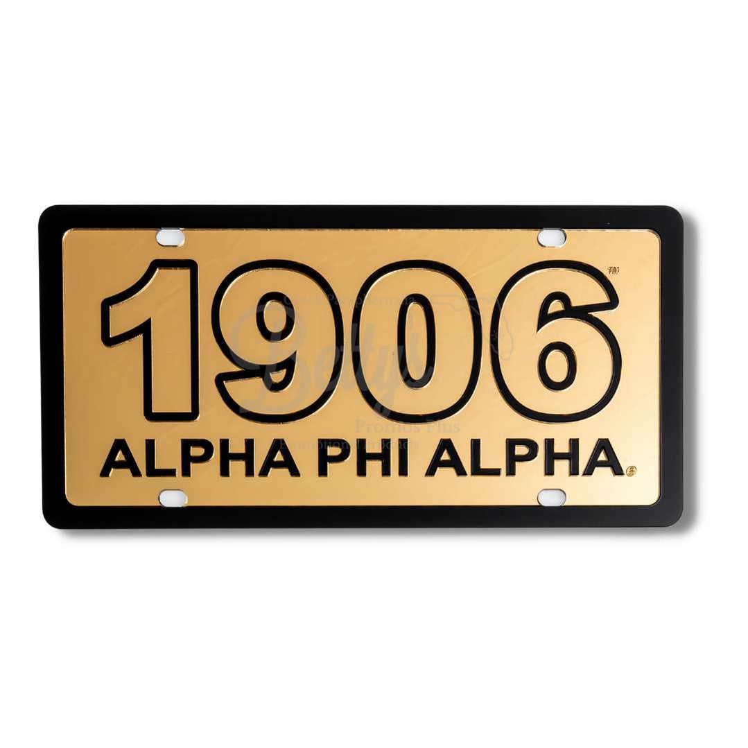 Alpha Phi Alpha ΑΦΑ 1906 with Alpha Phi Alpha Laser Engraved Mirrored Acrylic Auto Tag License PlateGold Background-Black Trim-Betty's Promos Plus Greek Paraphernalia