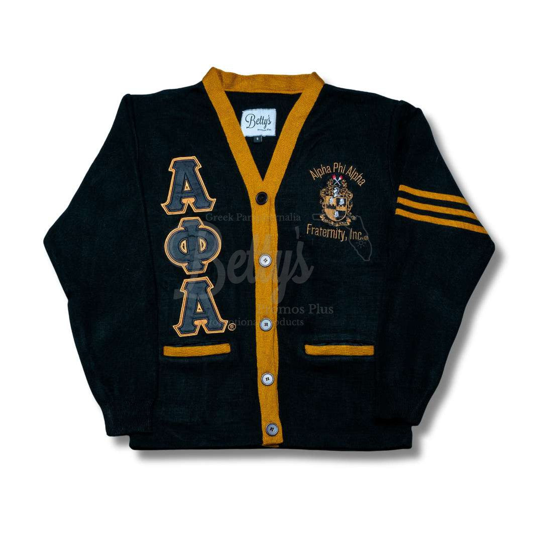 Alpha Phi Alpha ΑΦΑ Cardigan Sweater with Double Stitched Twill Embroidered Letters & ΑΦΑ ShieldBlack-Old Gold Trim-Small-Betty's Promos Plus Greek Paraphernalia