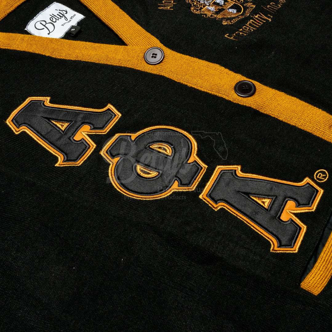 Alpha Phi Alpha ΑΦΑ Cardigan Sweater with Twill Embroidered Letters & ΑΦΑ ShieldBlack-Old Gold Trim-Small-Betty's Promos Plus Greek Paraphernalia