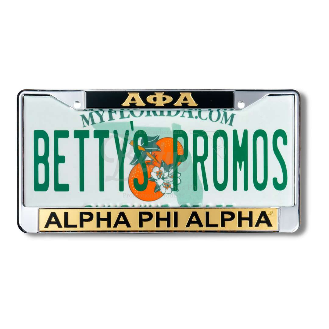 Alpha Phi Alpha ΑΦΑ Chrome Laser Engraved Mirrored Acrylic Auto Tag License Plate FrameΑΦΑ-Black Top-Gold Bottom-Betty's Promos Plus Greek Paraphernalia