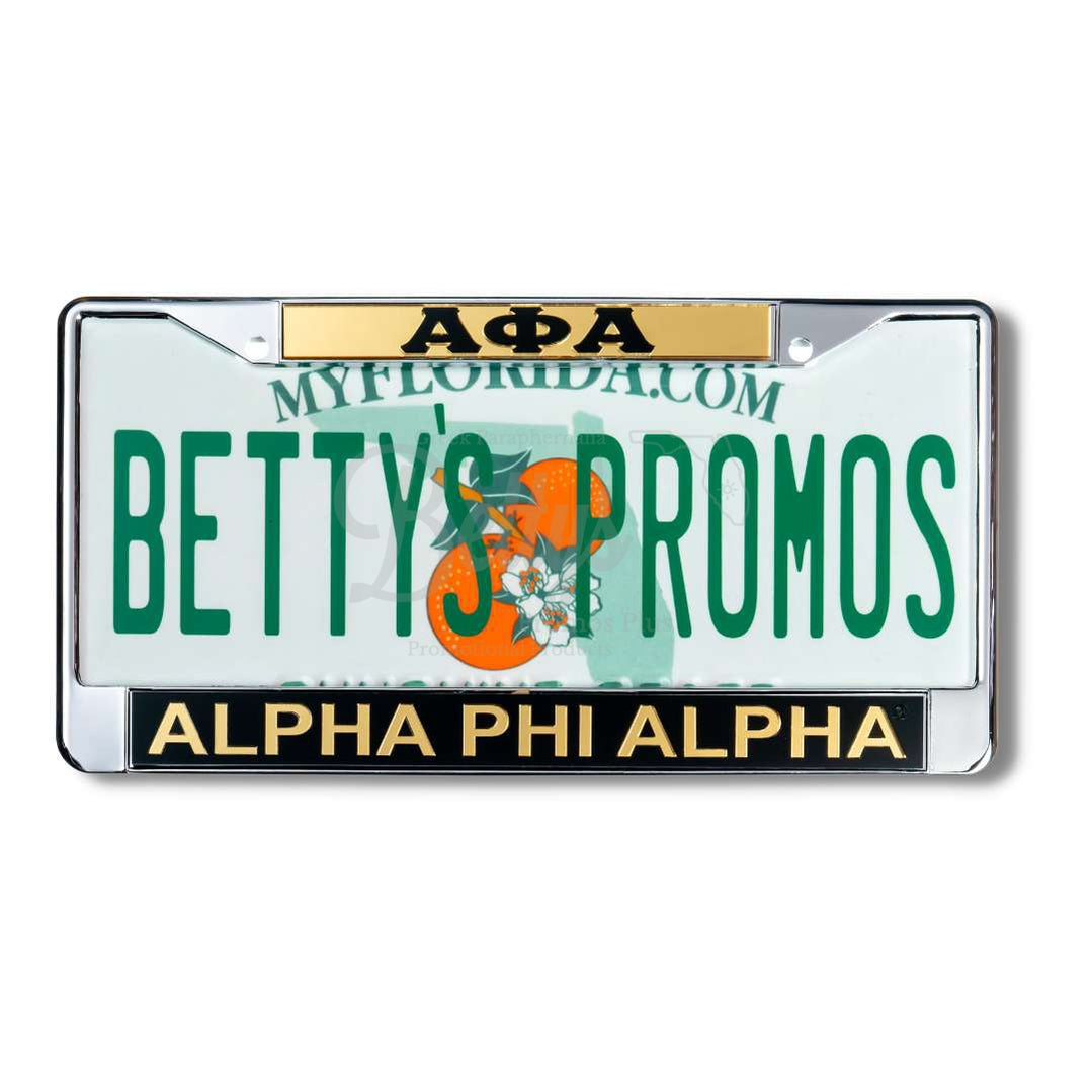 Alpha Phi Alpha ΑΦΑ Chrome Laser Engraved Mirrored Acrylic Auto Tag License Plate FrameΑΦΑ-Gold Top-Black Bottom-Betty's Promos Plus Greek Paraphernalia