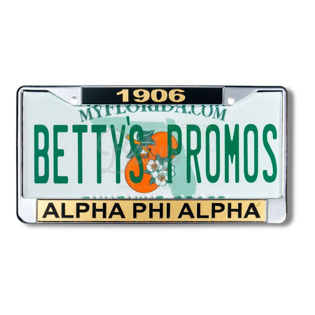 Alpha Phi Alpha ΑΦΑ Chrome Laser Engraved Mirrored Acrylic Auto Tag License Plate Frame1906-Black Top-Gold Bottom-Betty's Promos Plus Greek Paraphernalia