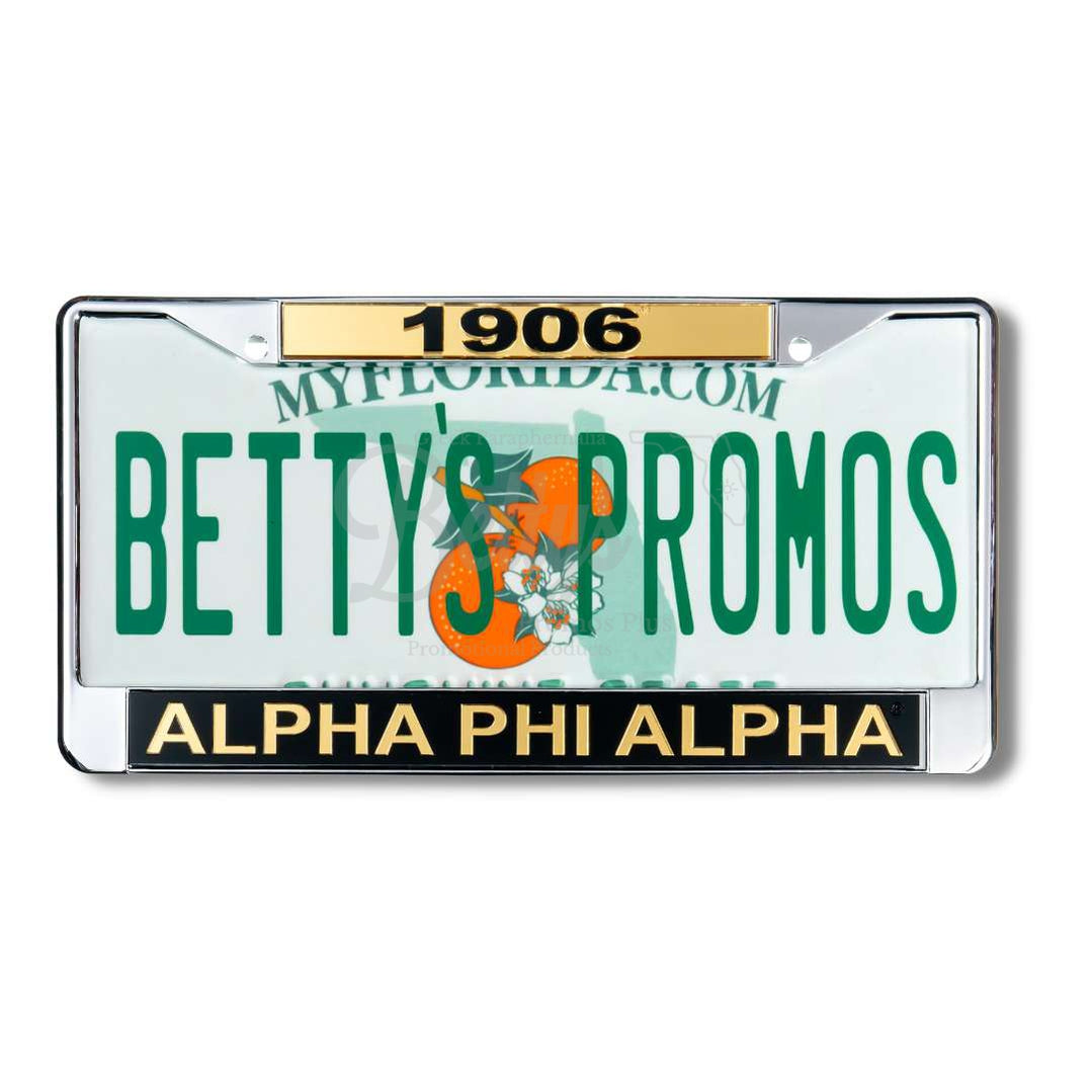 Alpha Phi Alpha ΑΦΑ Chrome Laser Engraved Mirrored Acrylic Auto Tag License Plate Frame1906-Gold Top-Black Bottom-Betty's Promos Plus Greek Paraphernalia