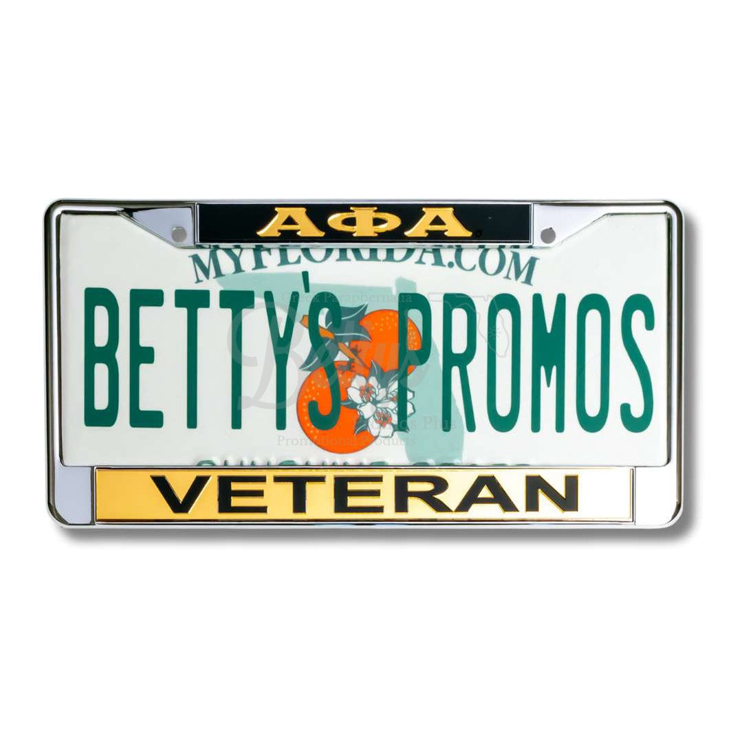 Alpha Phi Alpha ΑΦΑ Veteran Chrome Laser Engraved Mirrored Acrylic Auto Tag License Plate FrameBlack Top-Gold Bottom-Betty's Promos Plus Greek Paraphernalia