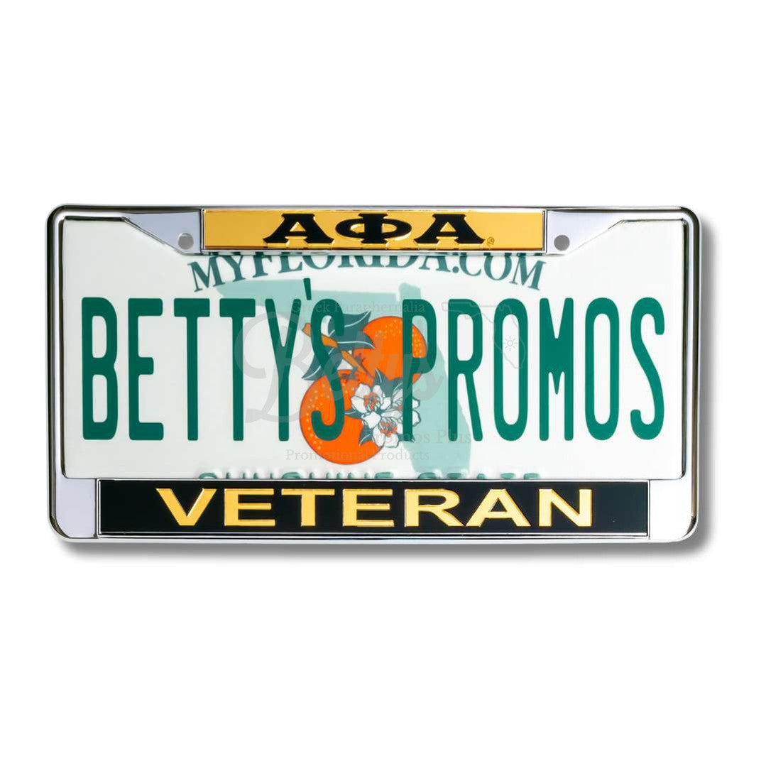 Alpha Phi Alpha ΑΦΑ Veteran Chrome Laser Engraved Mirrored Acrylic Auto Tag License Plate FrameGold Top-Black Bottom-Betty's Promos Plus Greek Paraphernalia