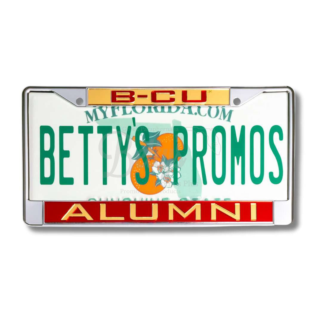 Bethune-Cookman University B-CU Alumni Chrome Laser Engraved Mirrored Acrylic Auto Tag License Plate FrameGold Top-Maroon Bottom-Betty's Promos Plus Greek Paraphernalia