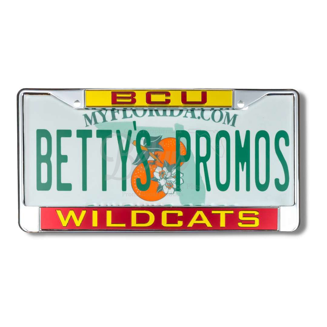 Bethune-Cookman University B-CU Wildcats Laser Engraved Auto Tag FrameMaroon Background-Betty's Promos Plus Greek Paraphernalia
