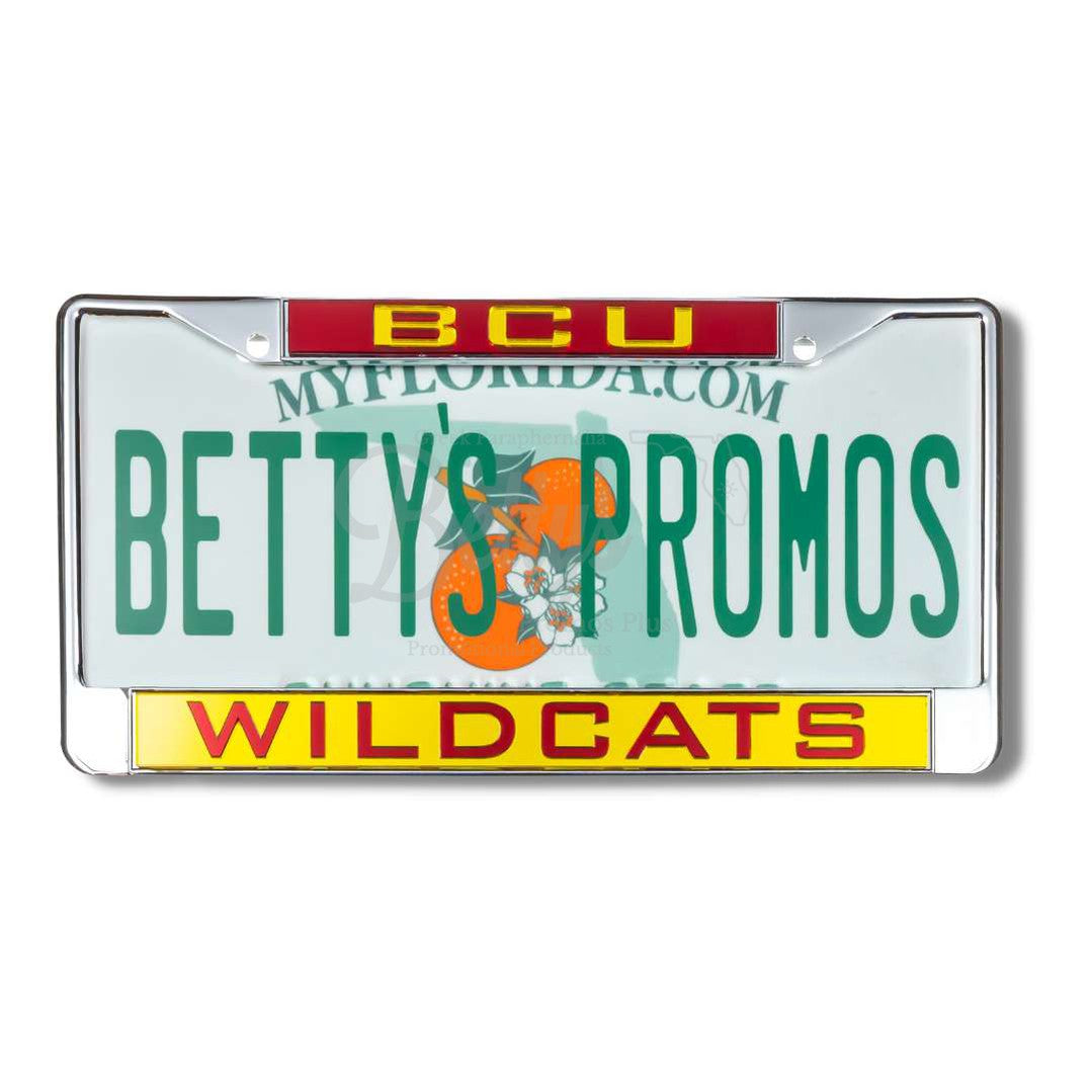 Bethune-Cookman University B-CU Wildcats Laser Engraved Auto Tag FrameGold Background-Betty's Promos Plus Greek Paraphernalia