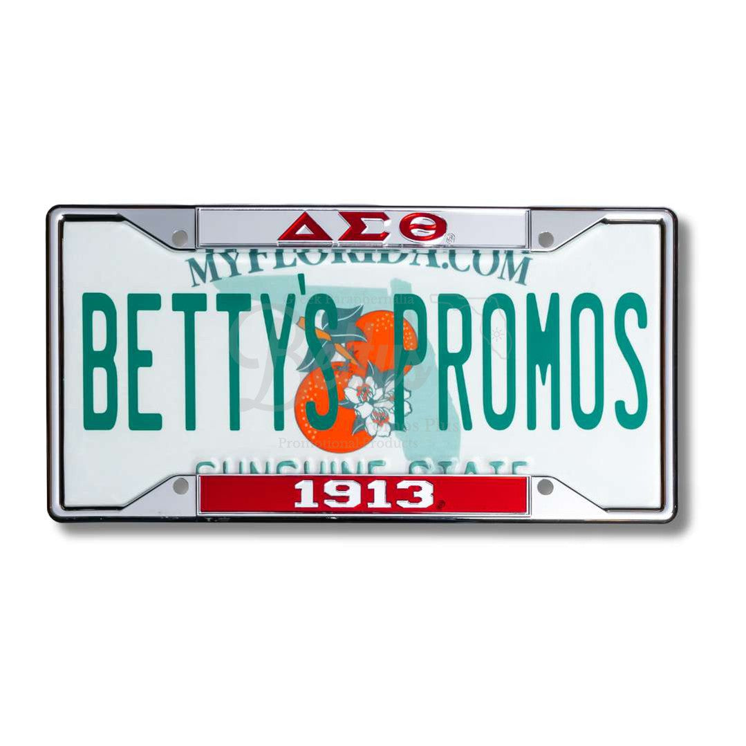 Delta Sigma Theta ΔΣΘ 1913 Chrome Laser Engraved Mirrored Acrylic Auto Tag License Plate FrameRed Bottom-Betty's Promos Plus Greek Paraphernalia