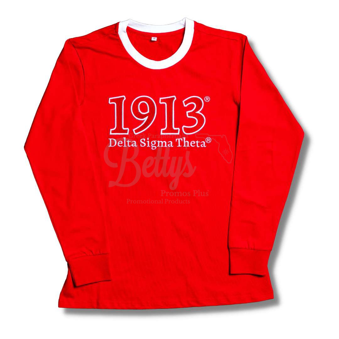Delta Sigma Theta ΔΣΘ 1913 Embroidered Long Sleeve T-ShirtRed-Small-Betty's Promos Plus Greek Paraphernalia