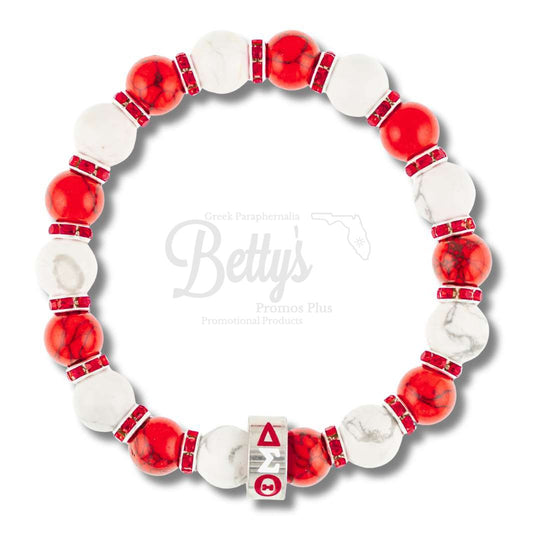 Delta Sigma Theta ΔΣΘ 1913 Red & White Marbled Beaded Bracelet with Rhinestone SpacersRed & White-Betty's Promos Plus Greek Paraphernalia