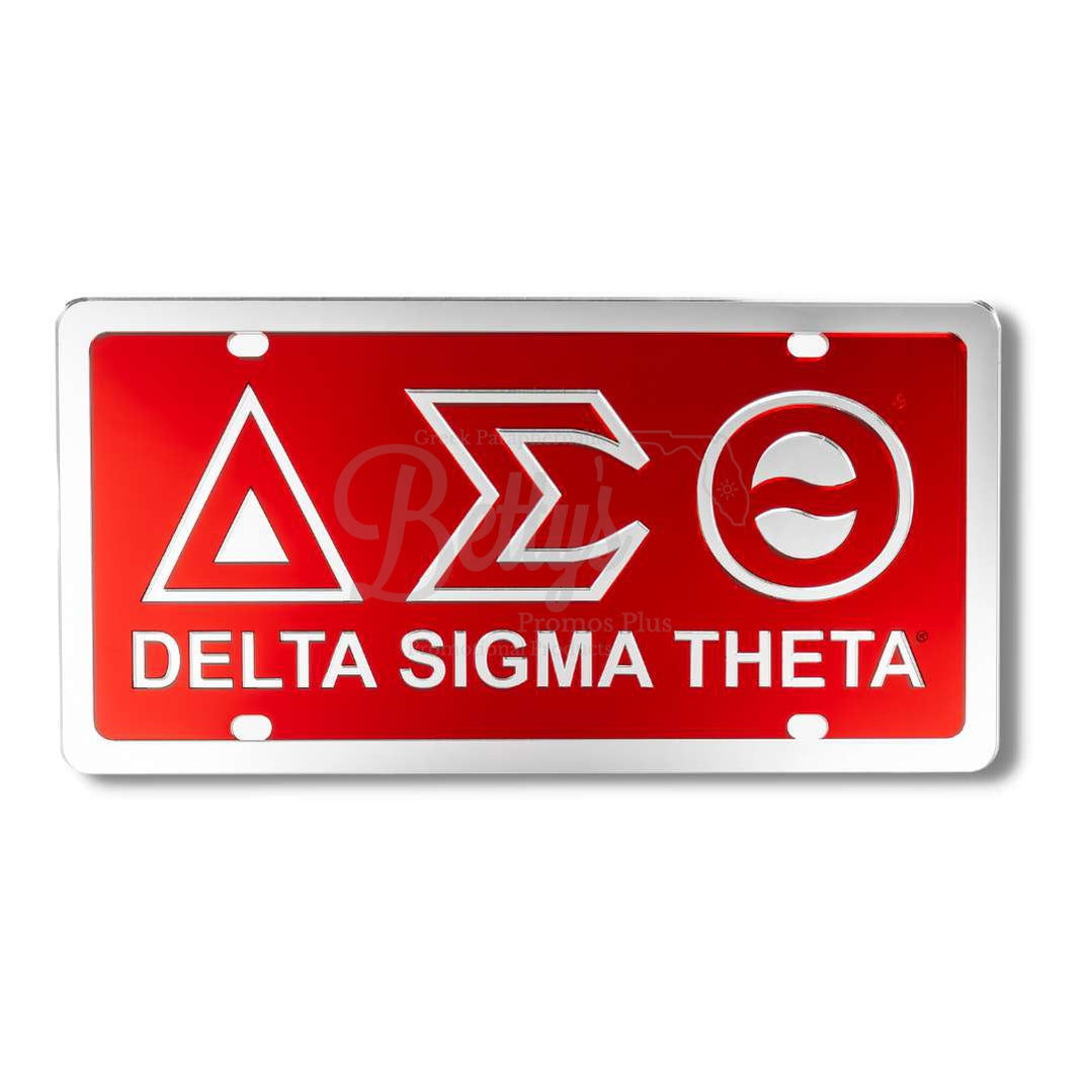 Delta Sigma Theta ΔΣΘ Acrylic Mirrored Laser Engraved Auto Tag License PlateRed Background-Silver Letter Trim-Silver Trim-Betty's Promos Plus Greek Paraphernalia