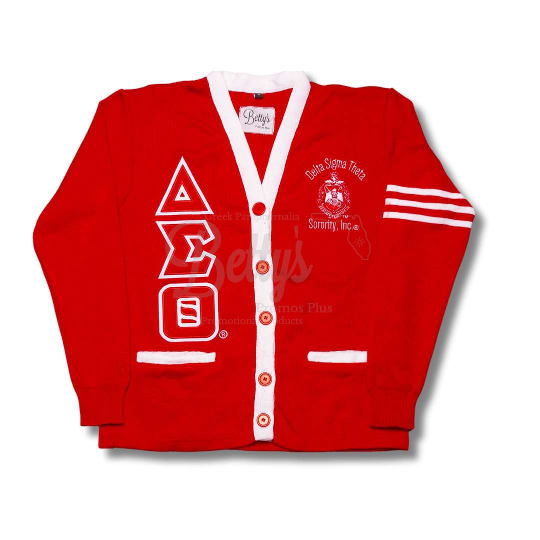 Delta Sigma Theta ΔΣΘ Cardigan Sweater with Double Stitched Twill Embroidered Letters & ΔΣΘ ShieldRed-White Trim-Small-Betty's Promos Plus Greek Paraphernalia