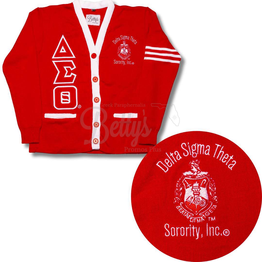 Delta Sigma Theta ΔΣΘ Cardigan Sweater with Double Stitched Twill Embroidered Letters & ΔΣΘ Shield-Betty's Promos Plus Greek Paraphernalia
