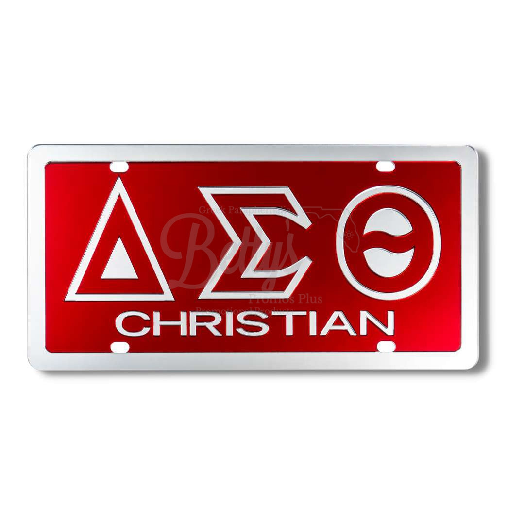 Delta Sigma Theta ΔΣΘ Christian Acrylic Mirrored Laser Engraved Auto TagRed Background-Silver Trim-Betty's Promos Plus Greek Paraphernalia