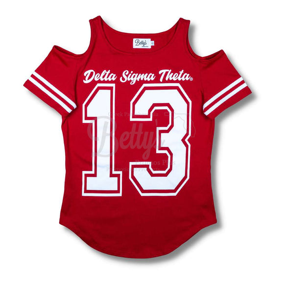 Delta Sigma Theta ΔΣΘ Cold Shoulder 13 Screen Printed T-ShirtRed-Small-Betty's Promos Plus Greek Paraphernalia