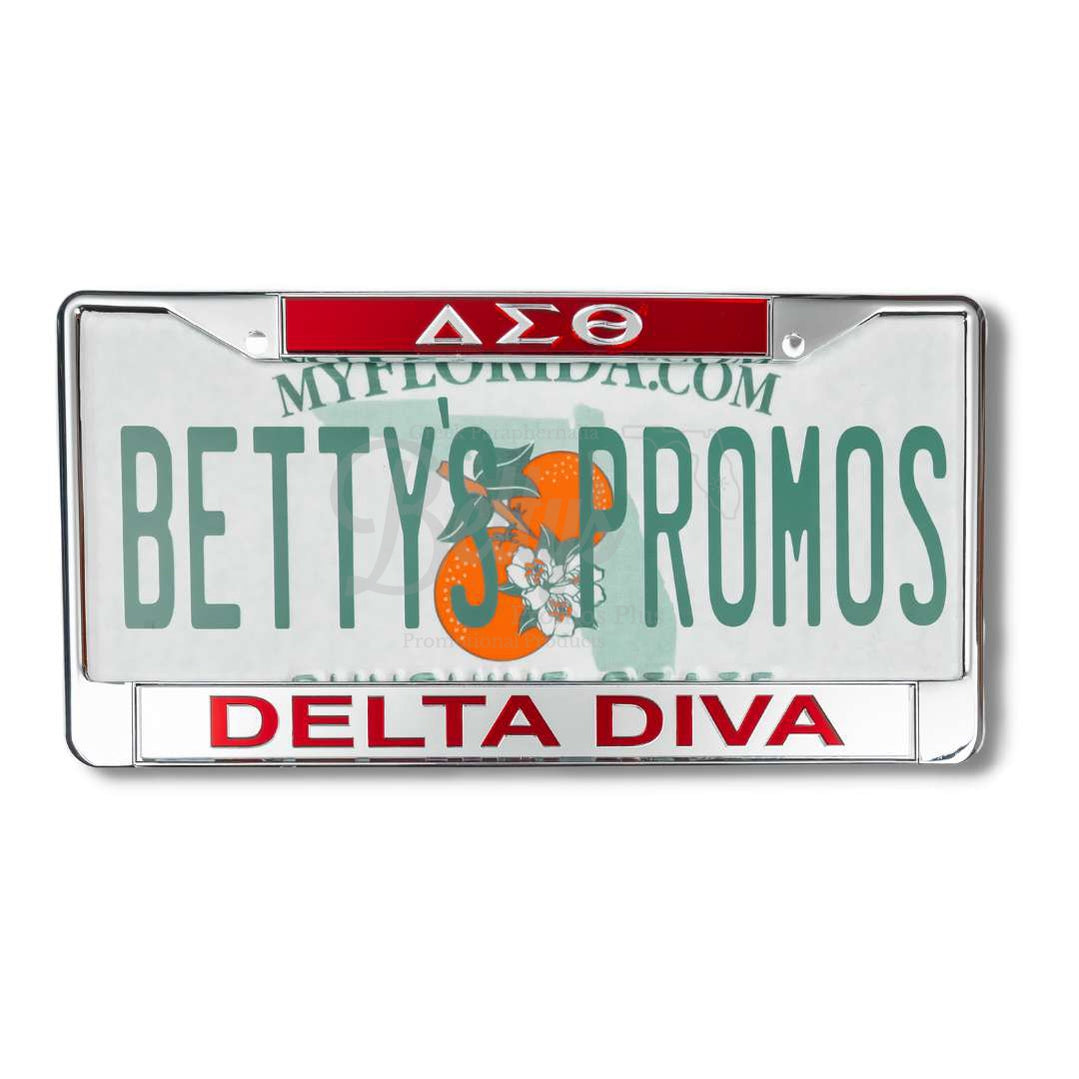 Delta Sigma Theta ΔΣΘ Delta Diva Metal Acrylic Mirror Laser Engraved Auto Tag License Plate FrameRed Top-Silver Bottom-Betty's Promos Plus Greek Paraphernalia