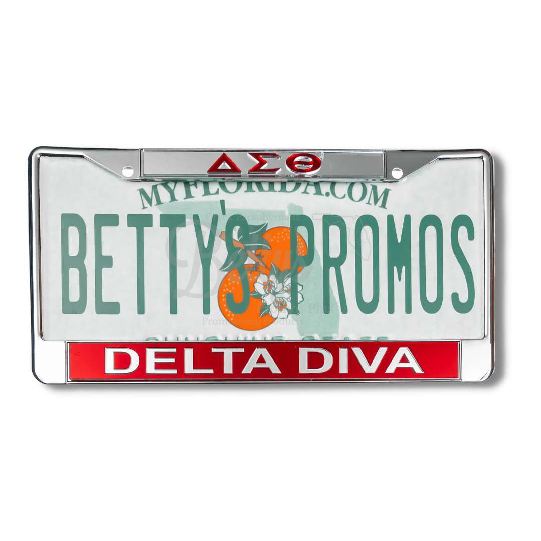 Delta Sigma Theta ΔΣΘ Delta Diva Metal Acrylic Mirror Laser Engraved Auto Tag License Plate FrameSilver Top-Red Bottom-Betty's Promos Plus Greek Paraphernalia