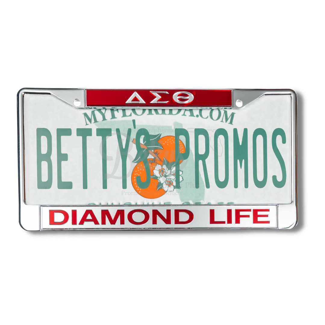 Delta Sigma Theta ΔΣΘ Diamond Life Metal Acrylic Mirror Laser Engraved Auto Tag License Plate FrameRed Top-Silver Bottom-Betty's Promos Plus Greek Paraphernalia