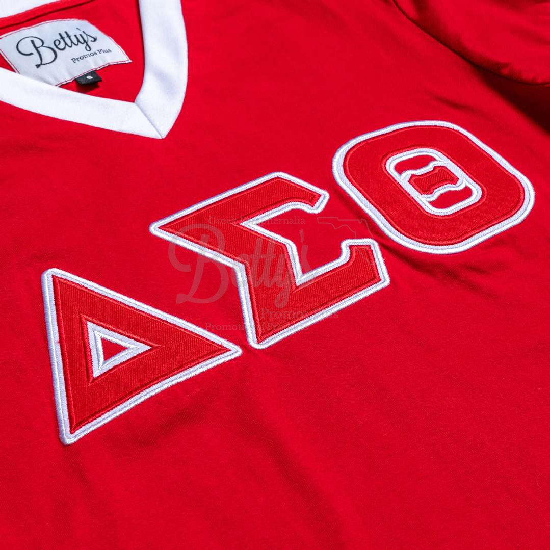 Betty's Promos Plus, LLC Delta Sigma Theta ΔΣΘ Double Stitched Appliqué Embroidered Jersey T-Shirt Red / Medium