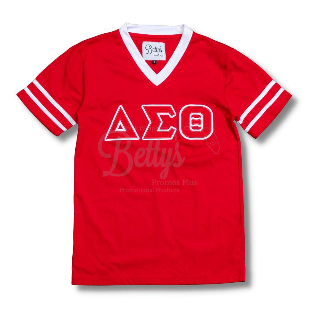 Delta Sigma Theta ΔΣΘ Double Stitched Appliqué Embroidered Jersey T-ShirtRed-Small-Betty's Promos Plus Greek Paraphernalia