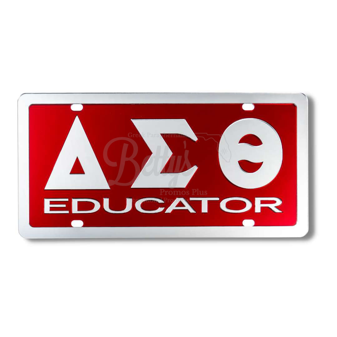 Delta Sigma Theta ΔΣΘ Educator Acrylic Mirrored Laser Engraved Auto TagRed Background-No Letter Trim-Betty's Promos Plus Greek Paraphernalia