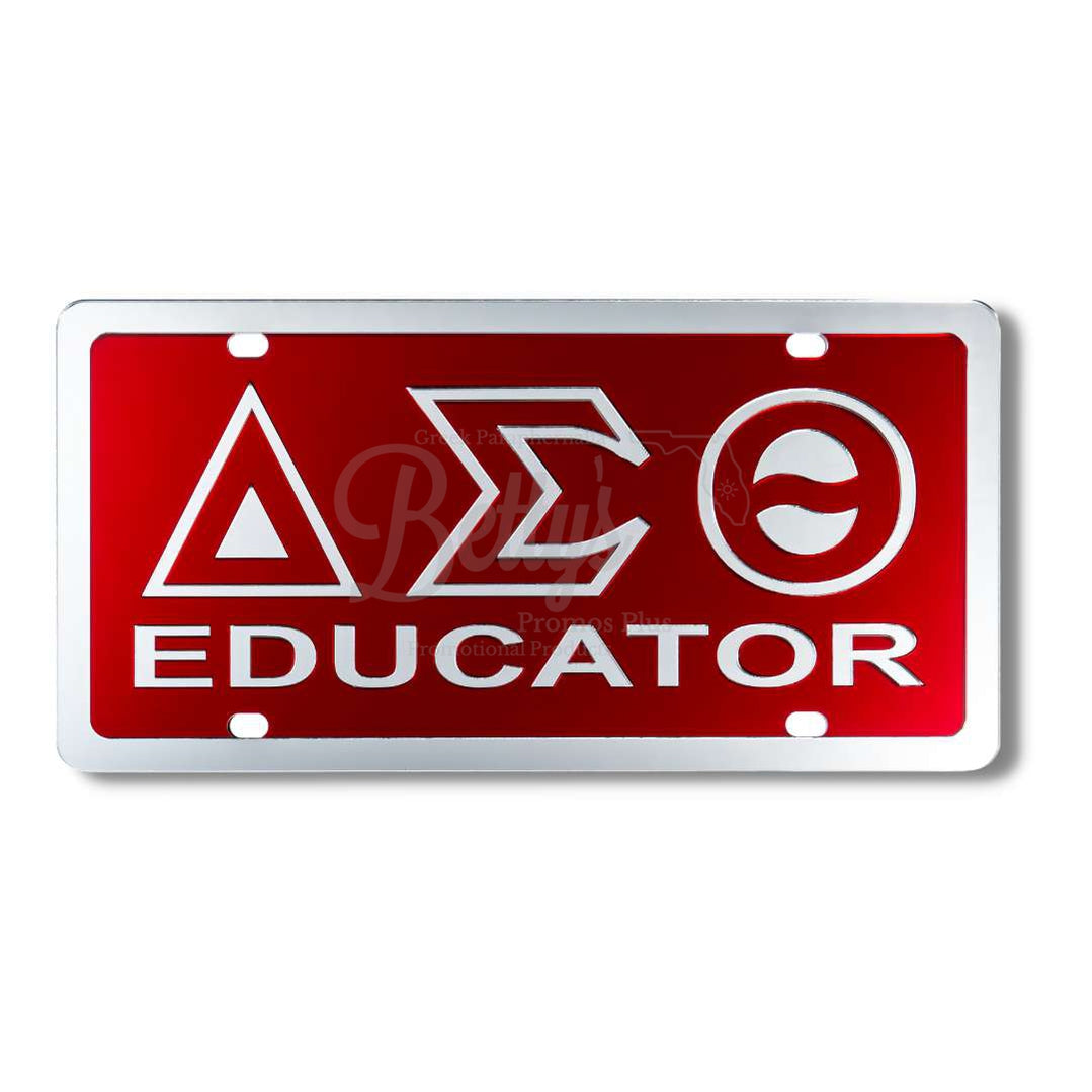 Delta Sigma Theta ΔΣΘ Educator Acrylic Mirrored Laser Engraved Auto TagRed Background-Silver Letter Trim-Betty's Promos Plus Greek Paraphernalia