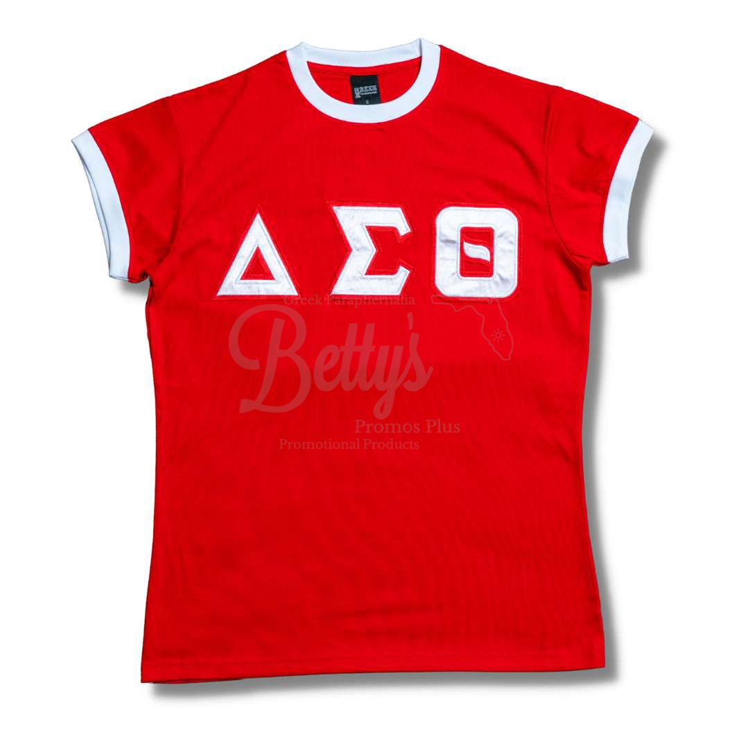 Delta Sigma Theta ΔΣΘ Embroidered Ringer T-ShirtRed-Small-Betty's Promos Plus Greek Paraphernalia