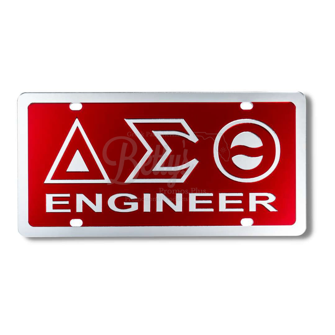 Delta Sigma Theta ΔΣΘ Engineer Acrylic Mirrored Laser Engraved Auto TagRed Background-Silver Trim-Betty's Promos Plus Greek Paraphernalia