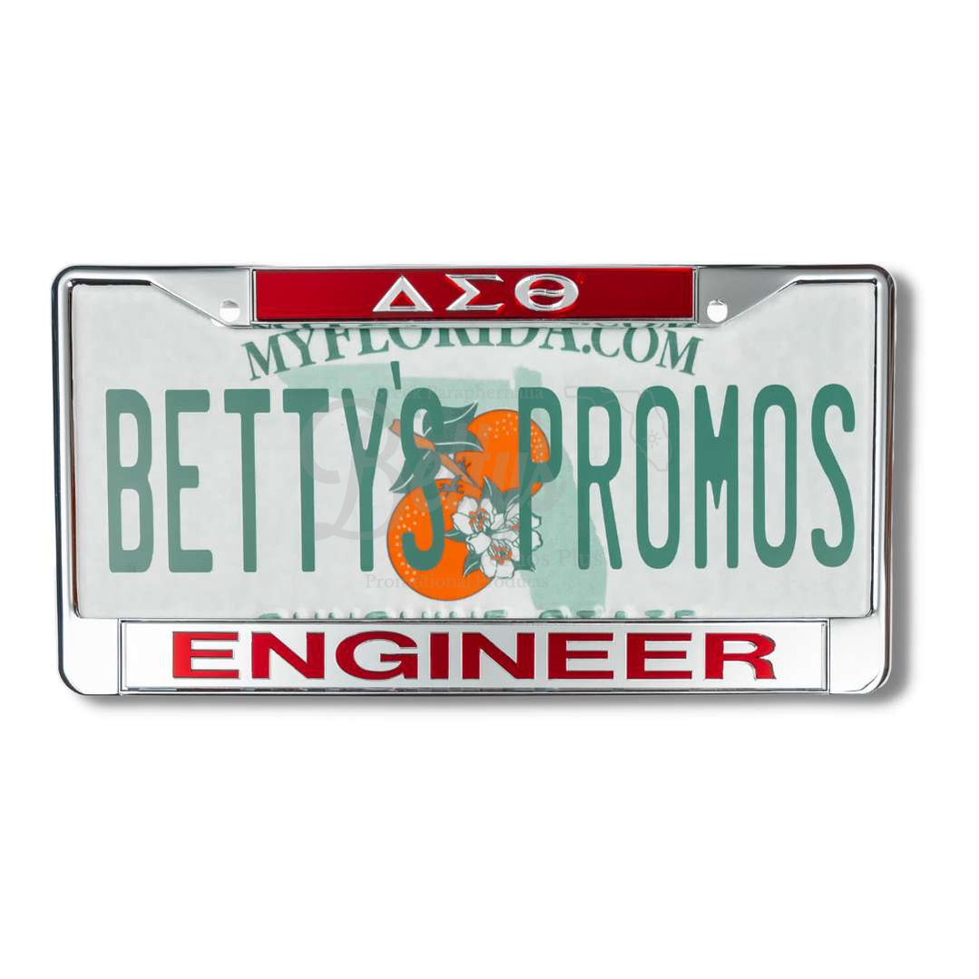 Delta Sigma Theta ΔΣΘ Engineer Chrome Laser Engraved Mirrored Acrylic Auto Tag License Plate FrameRed Top-Silver Bottom-Betty's Promos Plus Greek Paraphernalia