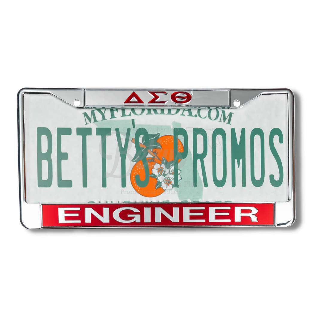 Delta Sigma Theta ΔΣΘ Engineer Chrome Laser Engraved Mirrored Acrylic Auto Tag License Plate FrameSilver Top-Red Bottom-Betty's Promos Plus Greek Paraphernalia