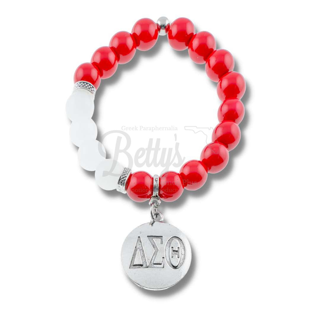 Delta Sigma Theta ΔΣΘ Greek Letters Red and White Beaded Bracelet with Silver ΔΣΘ CharmRed-Engraved-Betty's Promos Plus Greek Paraphernalia