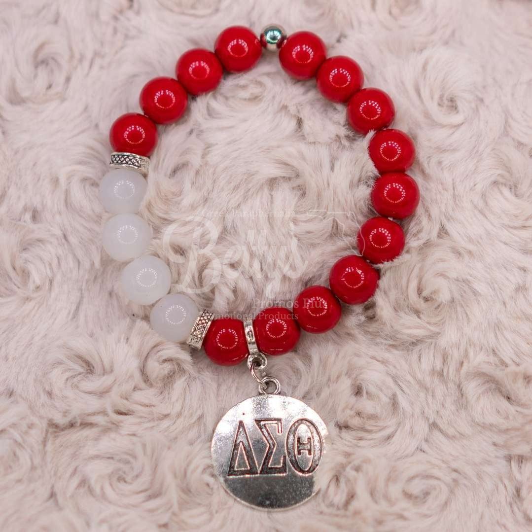 Delta Sigma Theta ΔΣΘ Greek Letters Red and White Beaded Bracelet with Silver ΔΣΘ Charm-Betty's Promos Plus Greek Paraphernalia