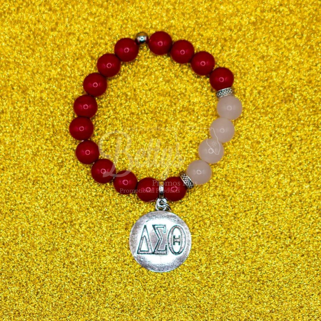 Delta Sigma Theta ΔΣΘ Greek Letters Red and White Beaded Bracelet with Silver ΔΣΘ Charm, Delta Bracelet-Betty's Promos Plus Greek Paraphernalia