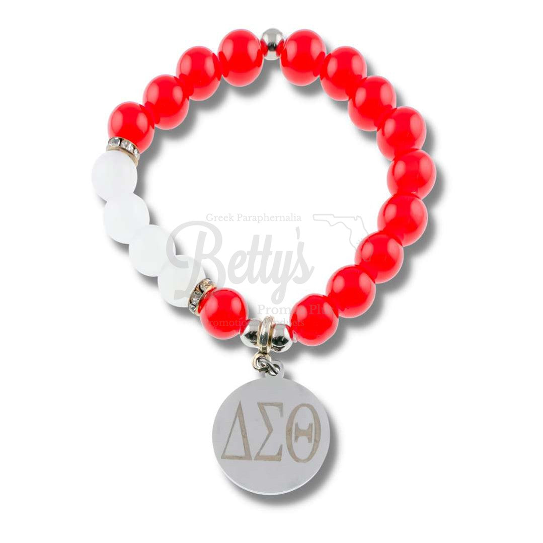 Delta Sigma Theta ΔΣΘ Greek Letters Red and White Beaded Bracelet with Silver ΔΣΘ Charm, Delta BraceletRed-Etched-Betty's Promos Plus Greek Paraphernalia